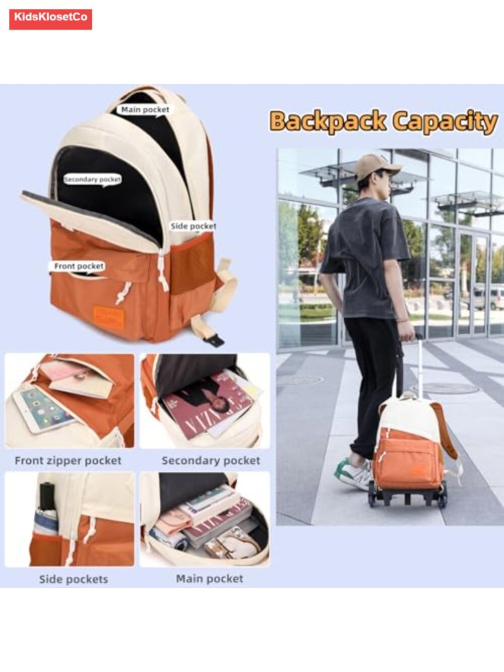 Kids Rolling Backpack with Wheels, Wheeled Trolley Bookbag for School, Water - Picture 2 of 5